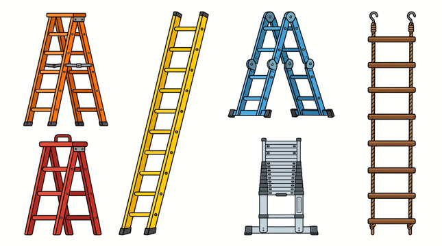 Cartoon Ladders Set Isolated Collection of Step Extension Folding Rope and Telescopic Ladders