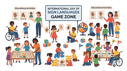 Fototapeta premium International Day of Sign Languages Game Zone: Diverse Children Learning Through Play
