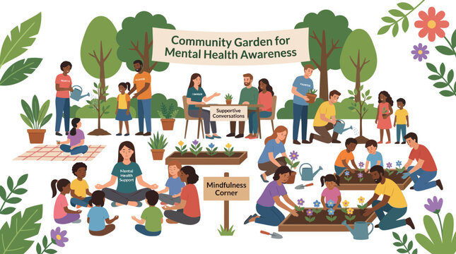 Community Garden for Mental Health Awareness: Diverse People Gardening, Meditating, and Connecting