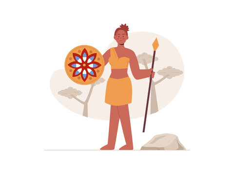 An indigenous female warrior holding a spear and a patterned circular shield. African tribe illustrations. Flat vector concepts.