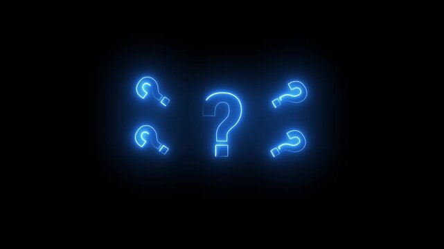 Multiple glowing neon blue question marks arranged in a circular pattern against a dark black background with subtle vignette effect creating a sense of mystery and inquiry Keywords: question