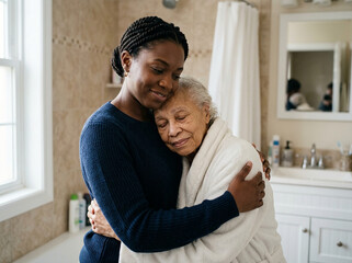 Fototapeta premium Heartwarming portrait of a young African American woman hugging her elderly mother in a white bathrobe in a domestic bathroom setting.