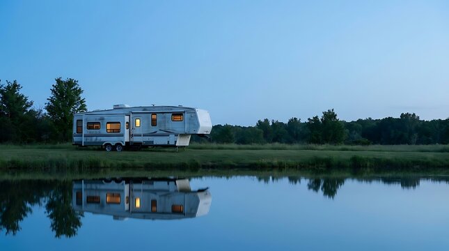 A scenic view of a 5th wheel rv parked near a calm lake at dusk with its interior lights softly glowing
