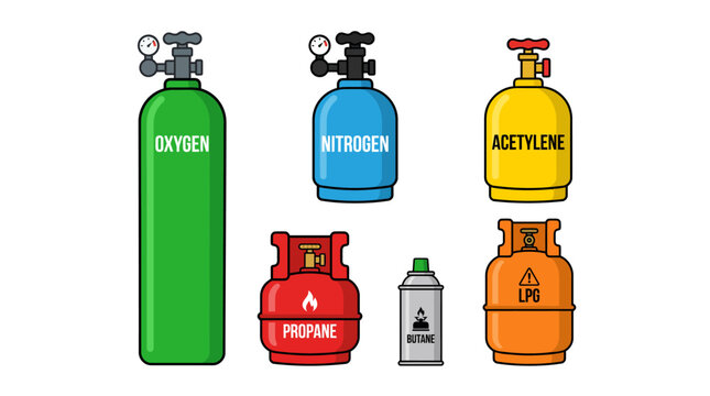 Set of cartoon gas cylinders including oxygen, nitrogen, acetylene, propane, butane, and LPG tanks