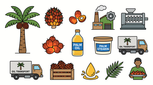 Flat vector icons set of palm oil production industry with palm tree fruit bunch factory bottle stearin transport and farmer