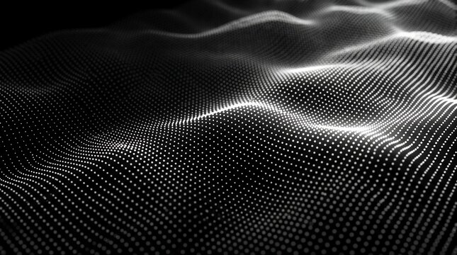 Abstract digital wave consisting of glowing white points creating a dynamic modern technology grid structure resembling particle motion physics simulation in monochrome style