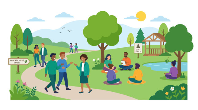 Diverse people enjoying a sunny park, walking, meditating, and learning outdoors.