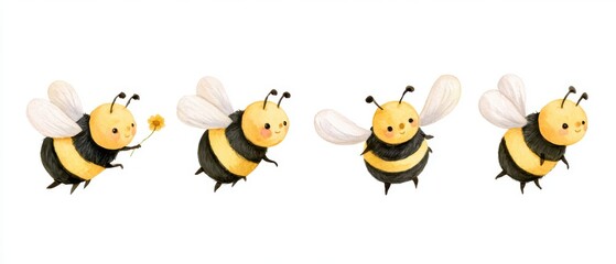Fototapeta premium Cute watercolor illustration of a cute bumblebee flying and collecting nectar, four different poses in a horizontal row, character sheet, isolated on a white background, soft colors, children's book