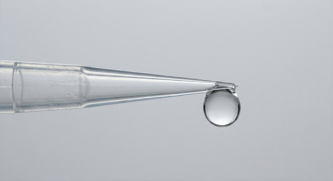 Extreme macro photo of clear polypropylene micropipette tip dispensing single micro droplet of liquid, biotechnology laboratory research and chemical fluid precision analysis