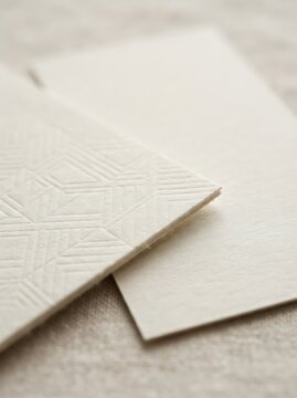 A close-up view of a custom 4x6 postcard showcasing elegant embossed geometric patterns on textured cream paper.