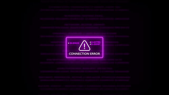 Purple neon digital error message screen displaying a connection error with a warning triangle and binary code in the background signifying network disruption and communication failure Keywords