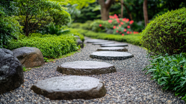 Stone stepping Walkway among lawn in a Japanese style garden