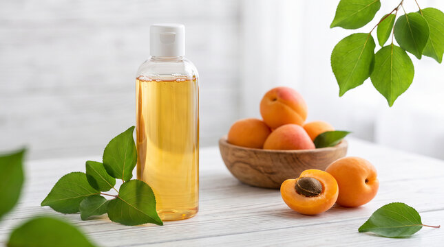 Apricot kernel oil bottle with fresh apricots in a wooden bowl and green leaves on a white wooden table
