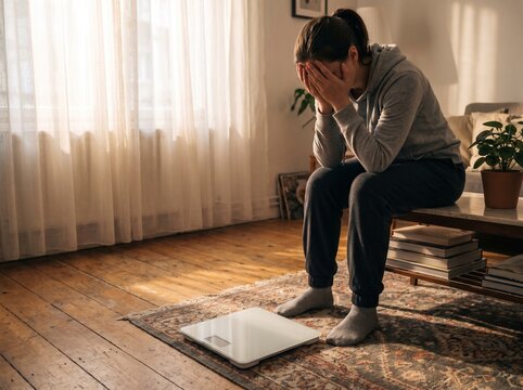 Frustrated Woman Sitting by Bathroom Scale Feeling Sad About Weight