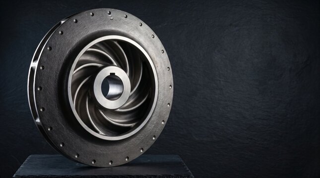 Studio industrial photograph of heavy cast hastelloy alloy closed centrifugal pump impeller with curved fluid vanes for high temperature molten salt circulation in solar thermal power station