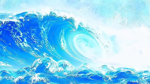 Surging blue ocean waves with white foam on light blue background