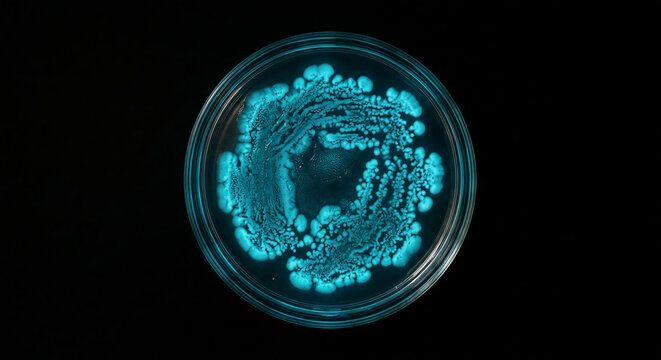 Bioluminescent bacterial culture glowing turquoise blue in circular glass petri dish top view dark laboratory concept science background