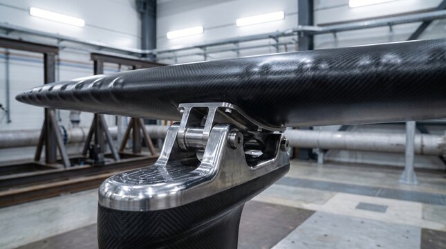 Commercial industrial photograph of an unbranded oscillating biomimetic carbon fiber hydrofoil wing attached to a heavy marine grade hydraulic hinge joint for deep ocean tidal stream energy turbine