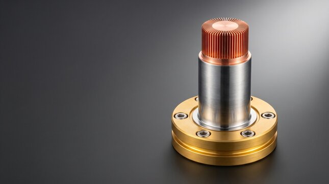 Studio macro product photograph of precision machined nickel plated stainless steel stirling cryocooler cold finger tube with solid pure copper heat tip for satellite infrared sensor cooling