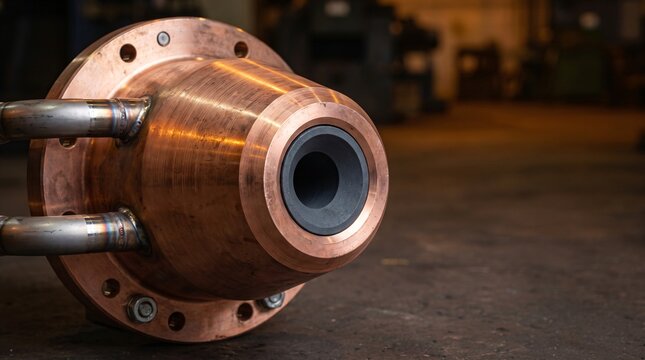 Commercial industrial close up photograph of high velocity refractory ceramic and forged copper hydrogen injection tuyere burner nozzle for direct reduced iron dri clean green steel production
