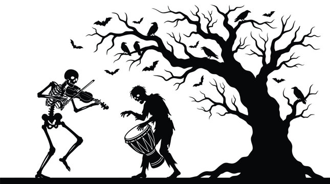 Spooky vector illustration featuring a dancing skeleton playing violin and a zombie drummer under dead trees