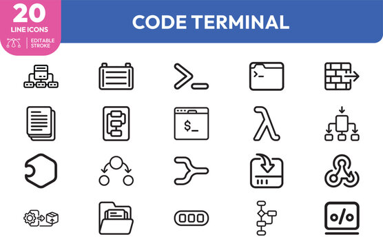 Code terminal server blocks, lambda functions, security shields, code branches, utility tools. Editable stroke. Vector illustration.
