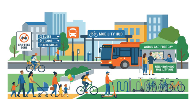 Urban Mobility Hub: Car-Free Zone, Cycling, Scooters, Bus, Bike Share