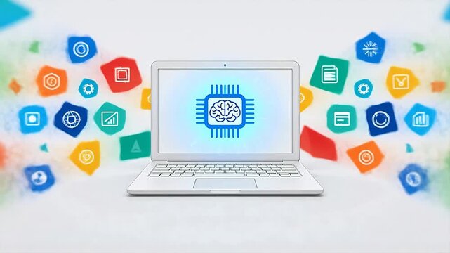 White laptop with brain chip screen surrounded by colorful geometric shapes on background