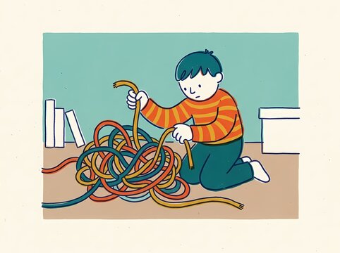 Boy untangling messy colorful electrical wires in simple hand drawn illustration