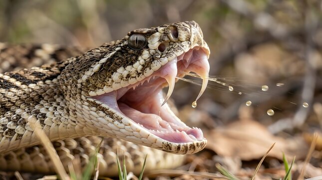 The dangerous strike of an angry diamondback rattlesnake attack