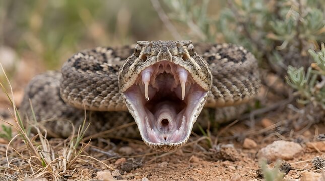 Aggressive western diamondback rattlesnake opening its mouth wide