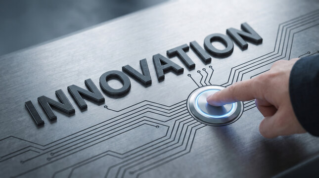 Finger pressing a button on a metallic surface with the word innovation and integrated circuit board patterns