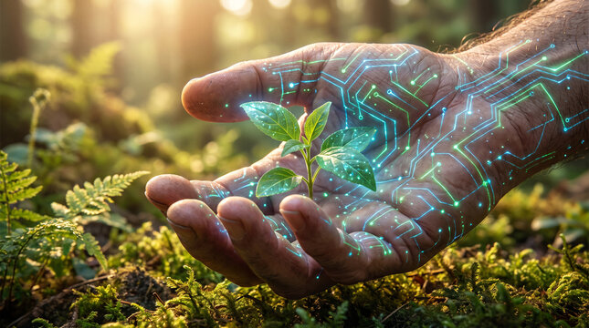 A human hand holding a small green plant sprout with glowing digital circuit board patterns integrated into the skin in a forest