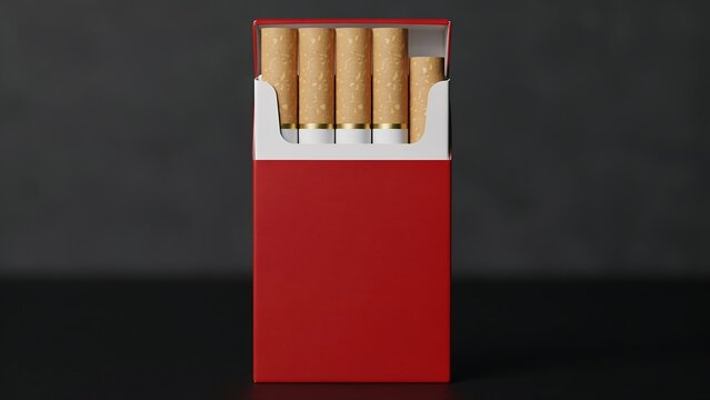 Red cigarette pack with tobacco sticks isolated against dark background