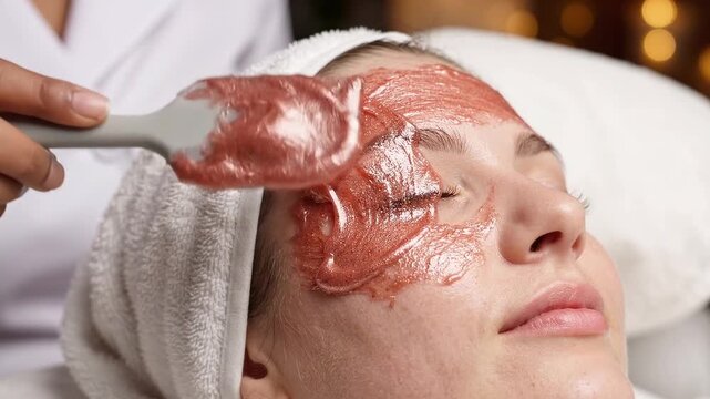 Beautiful woman with clear jelly peel-off mask resting at spa