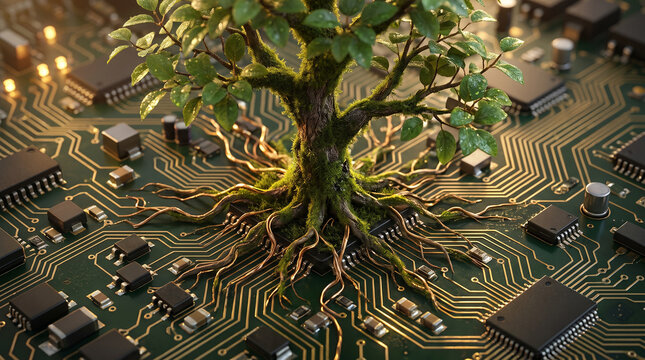 A conceptual image of a lush green tree growing out of a computer circuit board, representing the fusion of nature and technology