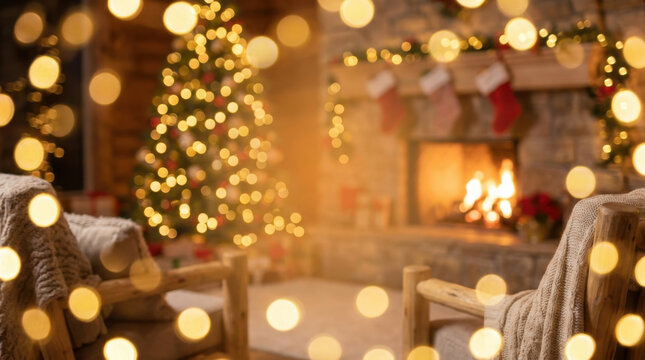 Blurred Cozy Living Room with Christmas Tree and Fireplace