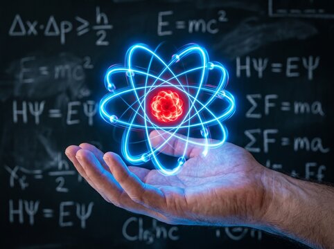Glowing atomic model hovering over a human hand with physics formulas atom model
