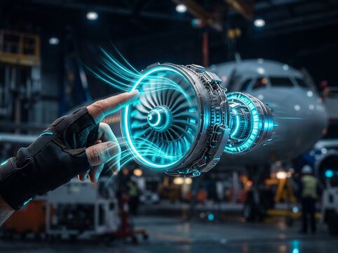 Engineer touching holographic aircraft engine projection inside a manufacturing facility
