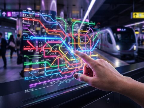 Person touching interactive digital map screen at Tokyo subway station