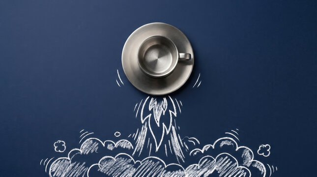 Espresso Cup Rocket Ship Chalk Drawing Concept