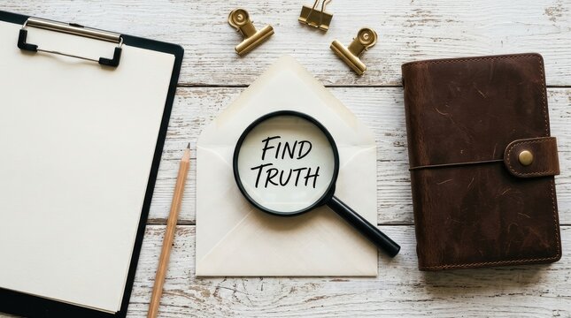 Magnifying glass rests on paper envelope displaying find truth text above rustic white wooden surface desk