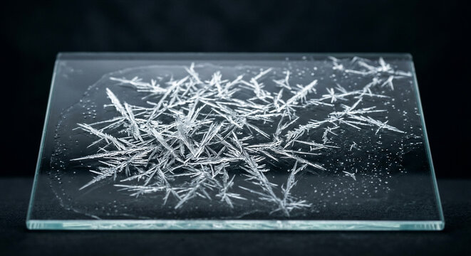 Crystallization process of sodium chloride salt growing across glass plate surface, macro backlight studio photography for science, chemical experiment background