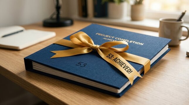 Close-up of a blue fabric project folder titled Project Completion Achievement, wrapped in a golden satin ribbon bow with 53 Achieved text on a wooden office desk workspace background.