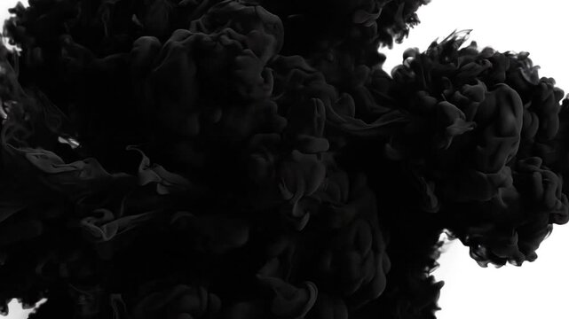 Dark black ink drop dissolving and flowing in clear water