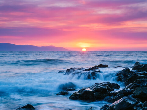 Ocean Waves Crashing on Rocks at Sunset