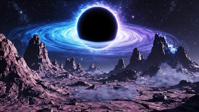 Dark black hole eclipse over barren alien planet landscape