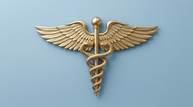 Golden medical caduceus symbol featuring intricate wings and coiled snakes centered on a light blue background