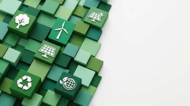 Sustainability and green energy icons on 3D green cubes with copy space for ESG concept.