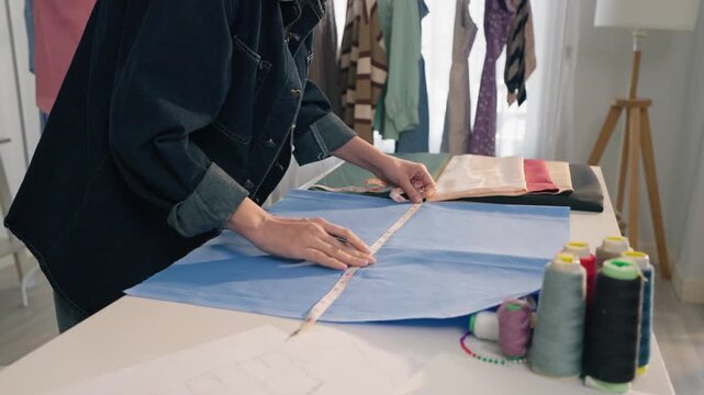 Close up of young woman working as fashion designer in tailor studio. 